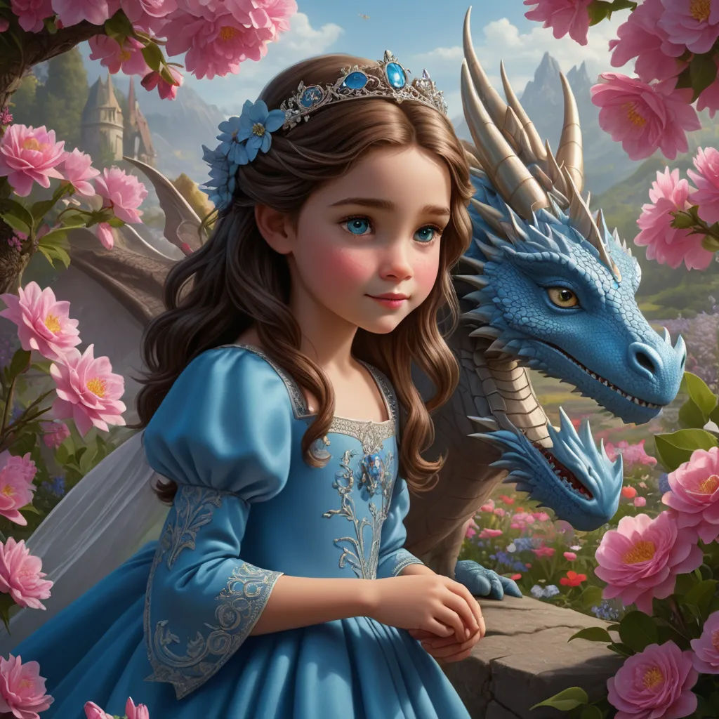 a young girl in a blue dress next to a dragon and flowers in a garden with pink flowers and pink flowers, fantasy art, a storybook illustration, Anne Stokes, highly detailed digital painting