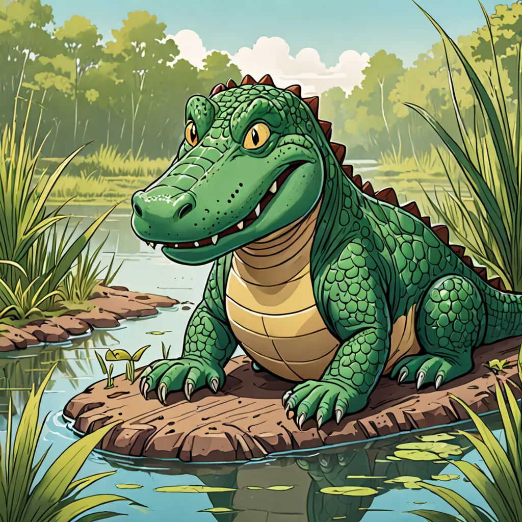 a cartoon alligator sitting on a rock in a pond of water with grass and trees in the background and a blue sky, furry art, a storybook illustration, Chris LaBrooy, storybook illustration