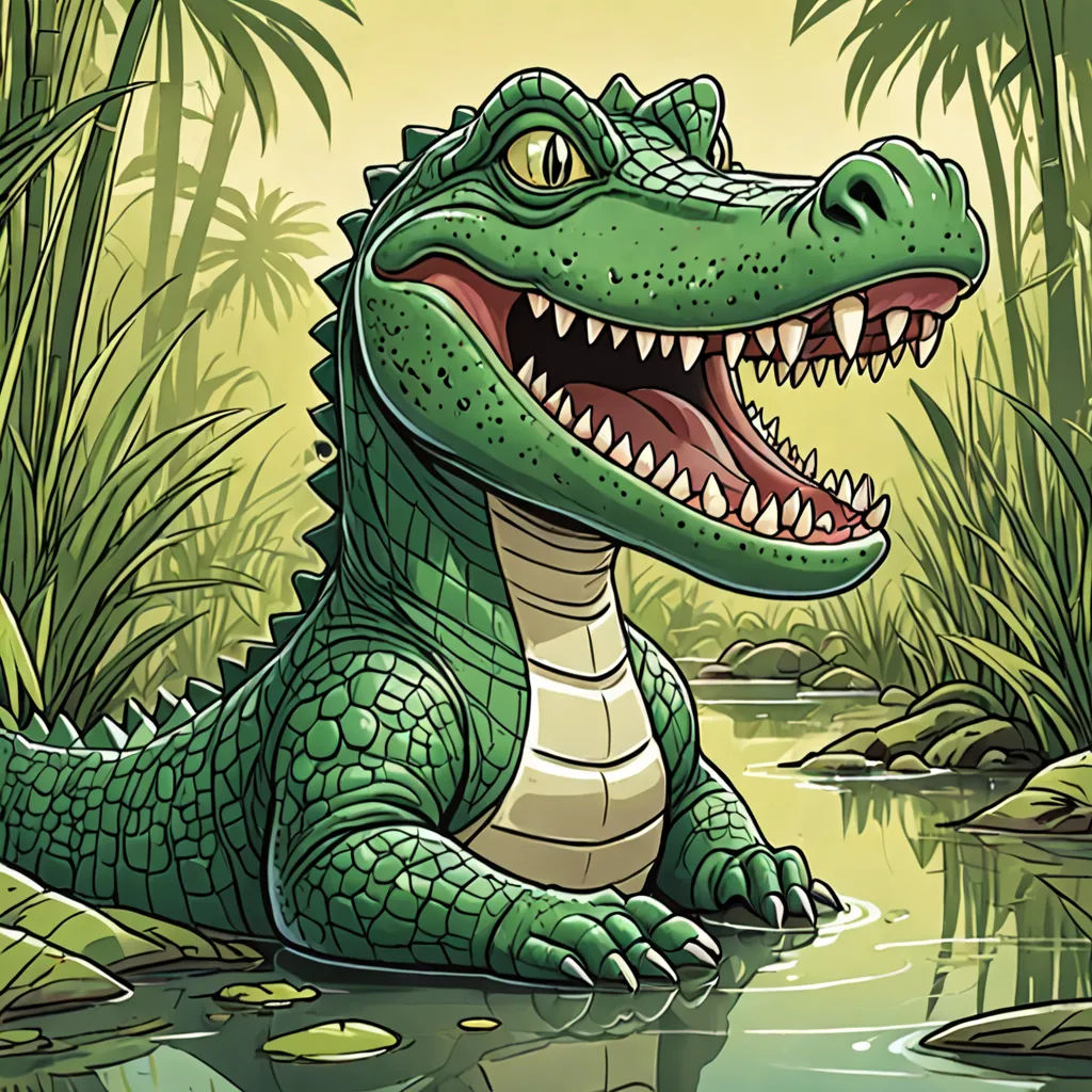 a cartoon alligator is sitting in the water with its mouth open and teeth wide open, with a green background, altermodern, a storybook illustration, Adam Rex, high detail illustration