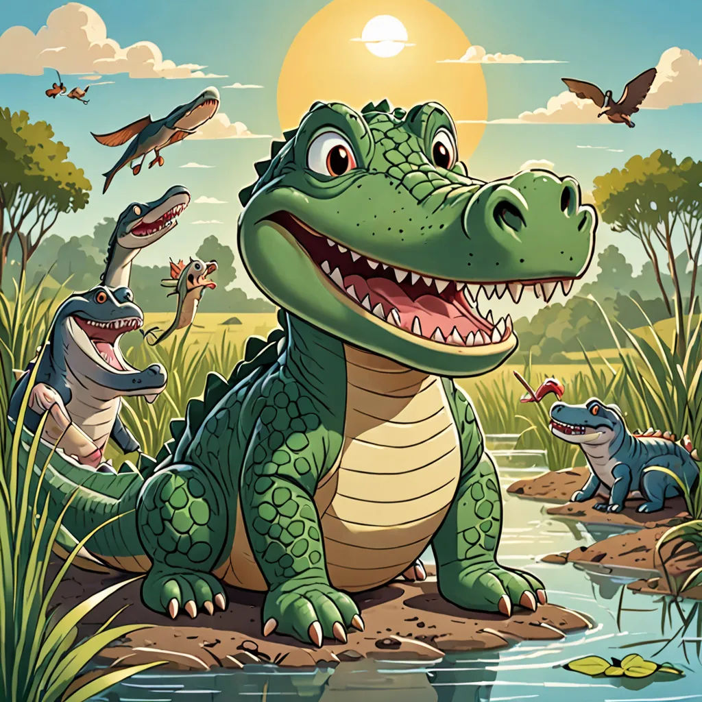 a cartoon alligator with a group of other animals in the background, and a pond with water lilies, sots art, a storybook illustration, Chris LaBrooy, highly detailed digital painting