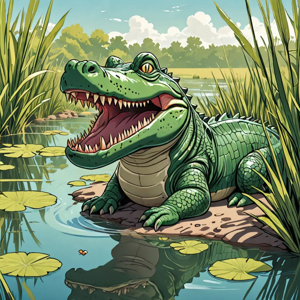 a crocodile is sitting on a rock in the water with lily pads around it and its mouth open and it's teeth wide open, furry art, a storybook illustration, Chris LaBrooy, storybook illustration