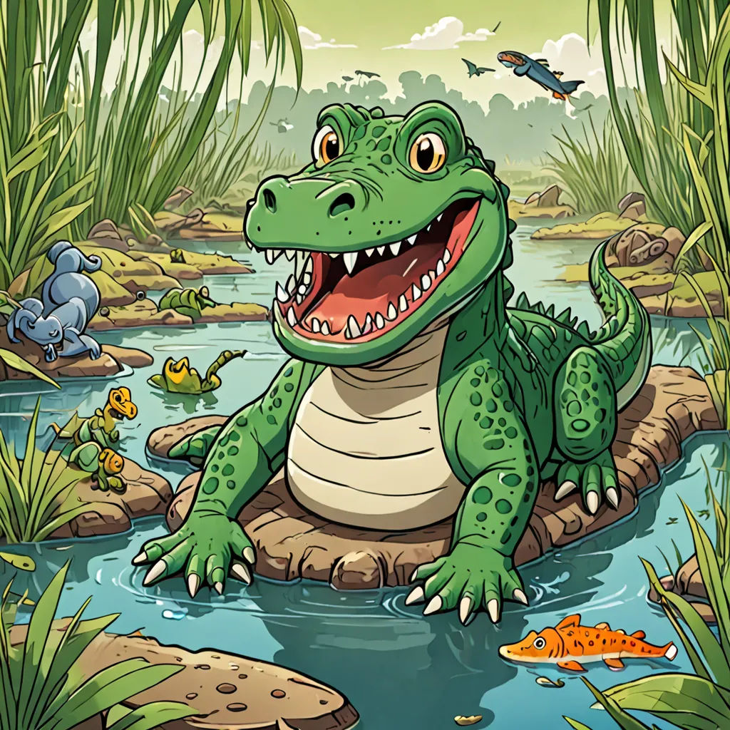 a cartoon alligator sitting on a rock in a pond with fish and plants around it, with a background of a pond and a forest, lyco art, a storybook illustration, Andries Stock, storybook illustration