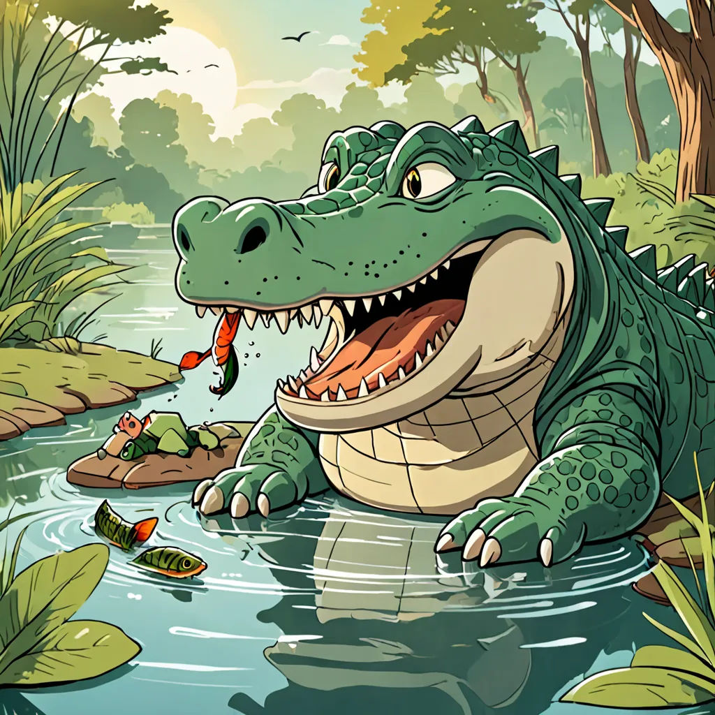a cartoon alligator eating a carrot in a river with a frog nearby and a fish in its mouth,, lyco art, a storybook illustration, Andries Stock, storybook illustration