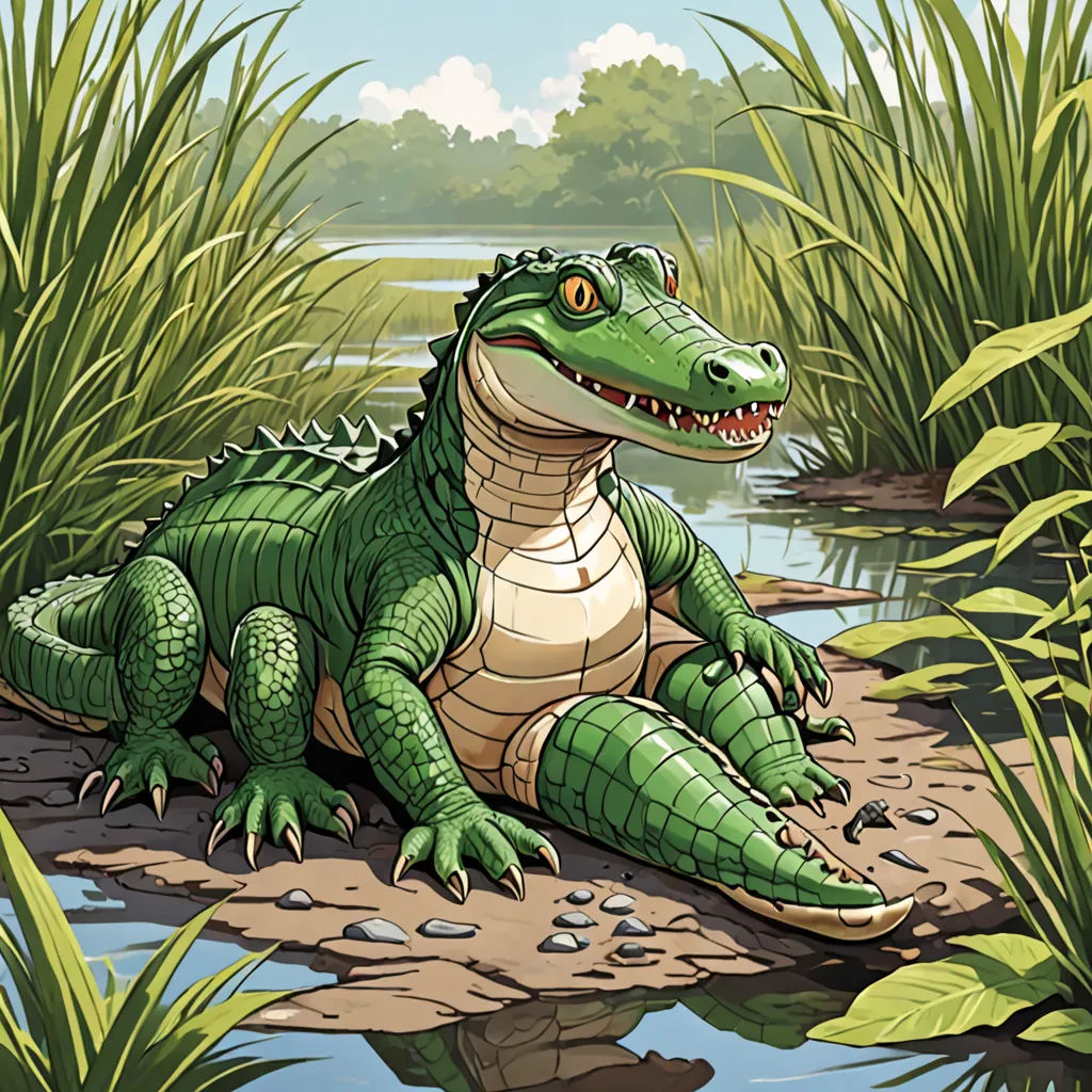 a cartoon alligator sitting on a rock in the water with grass and plants around it, with a pond in the background, furry art, an illustration of, Chris LaBrooy, storybook illustration