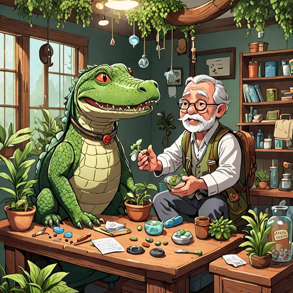 a man sitting at a table with a large alligator in front of him and a potted plant in front of him, sots art, a storybook illustration, Adam Rex, game art
