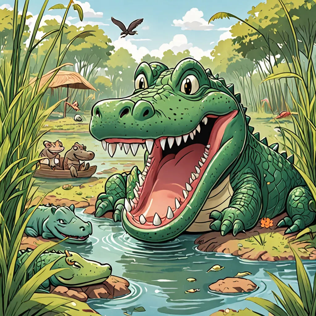 a cartoon alligator is sitting in the water with a frog and another animal nearby in the background of the picture, fantasy art, a storybook illustration, Andries Stock, storybook illustration