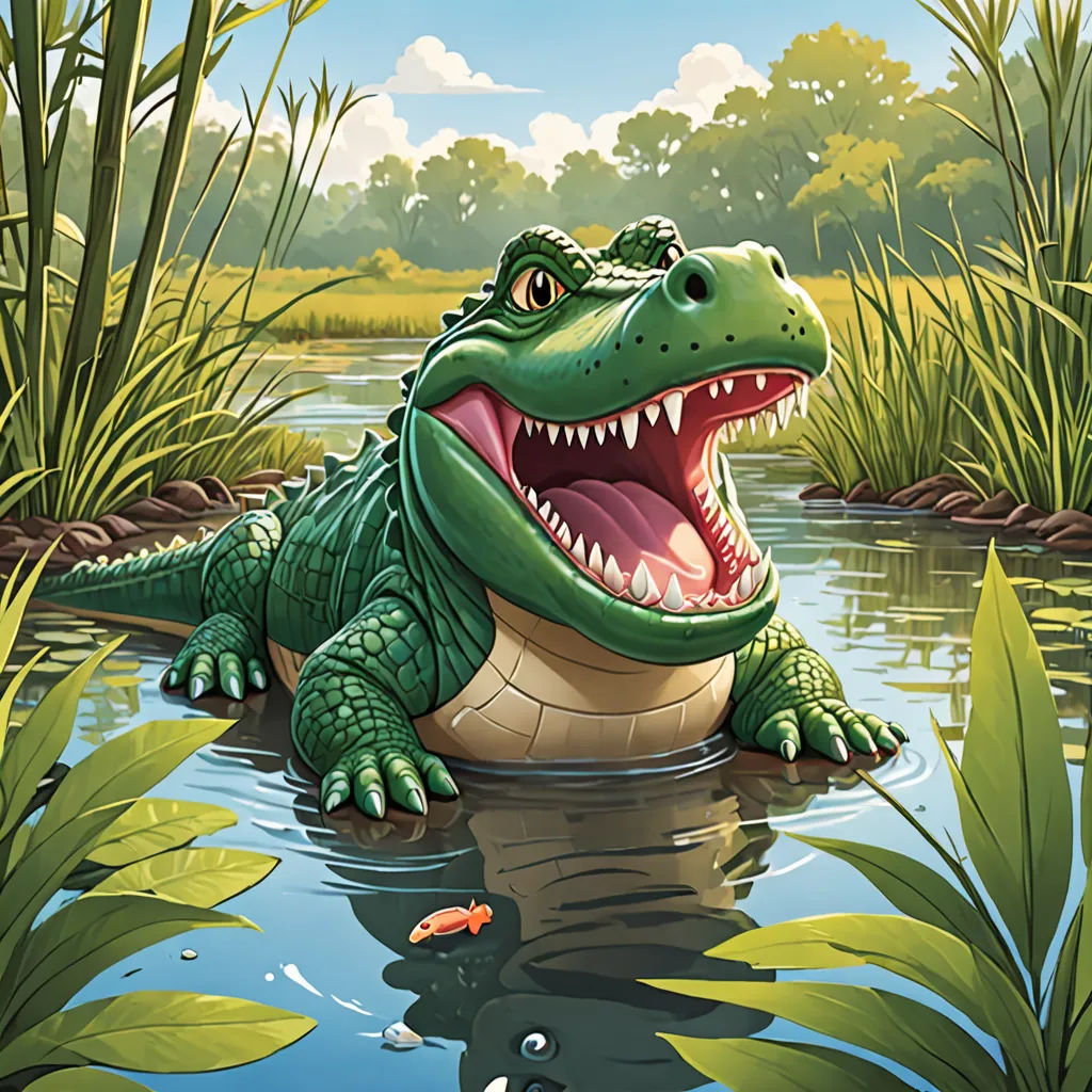 a large alligator is in the water with a fish in it's mouth and a fish in the water, sots art, a storybook illustration, Andries Stock, storybook illustration