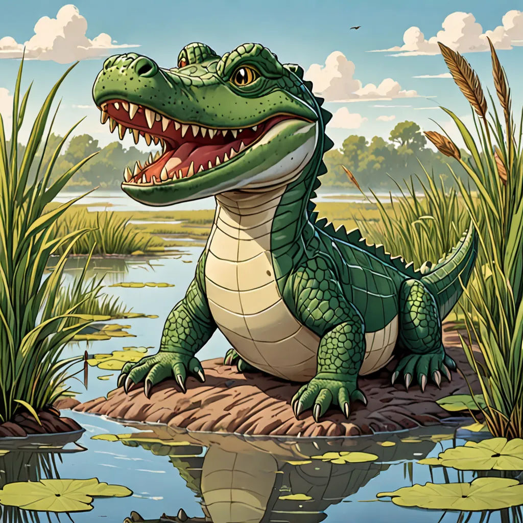 a cartoon alligator sitting on a rock in a pond with lily pads and reeds in the foreground, furry art, a storybook illustration, Chris LaBrooy, highly detailed digital painting