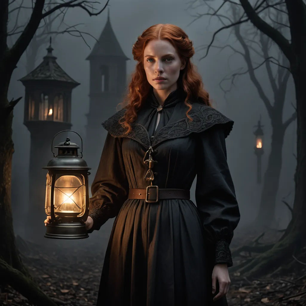 a woman in a long dress holding a lantern in a forest at night with a creepy looking building in the background, gothic art, a character portrait, Dirk Crabeth, promotional image