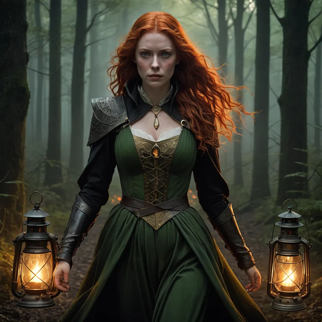 a woman in a green dress holding two lanterns in a forest with trees and fog behind her, with a red hair and a green dress, fantasy art, a character portrait, Chris Rallis, epic fantasy character art