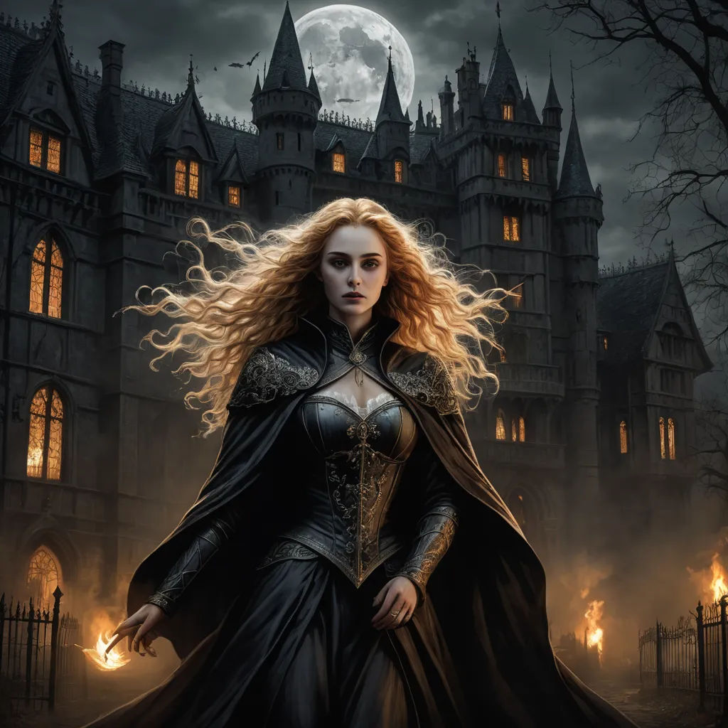 a woman in a black dress standing in front of a castle with a full moon in the background and a full moon in the sky, gothic art, a detailed matte painting, Anne Stokes, dark fantasy art