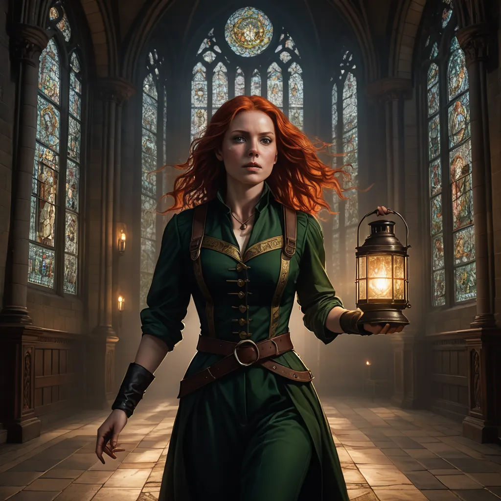 a woman in a green dress holding a lantern in a church with stained glass windows behind her and a stained glass window behind her, fantasy art, a character portrait, Clint Cearley, magic the gathering artwork