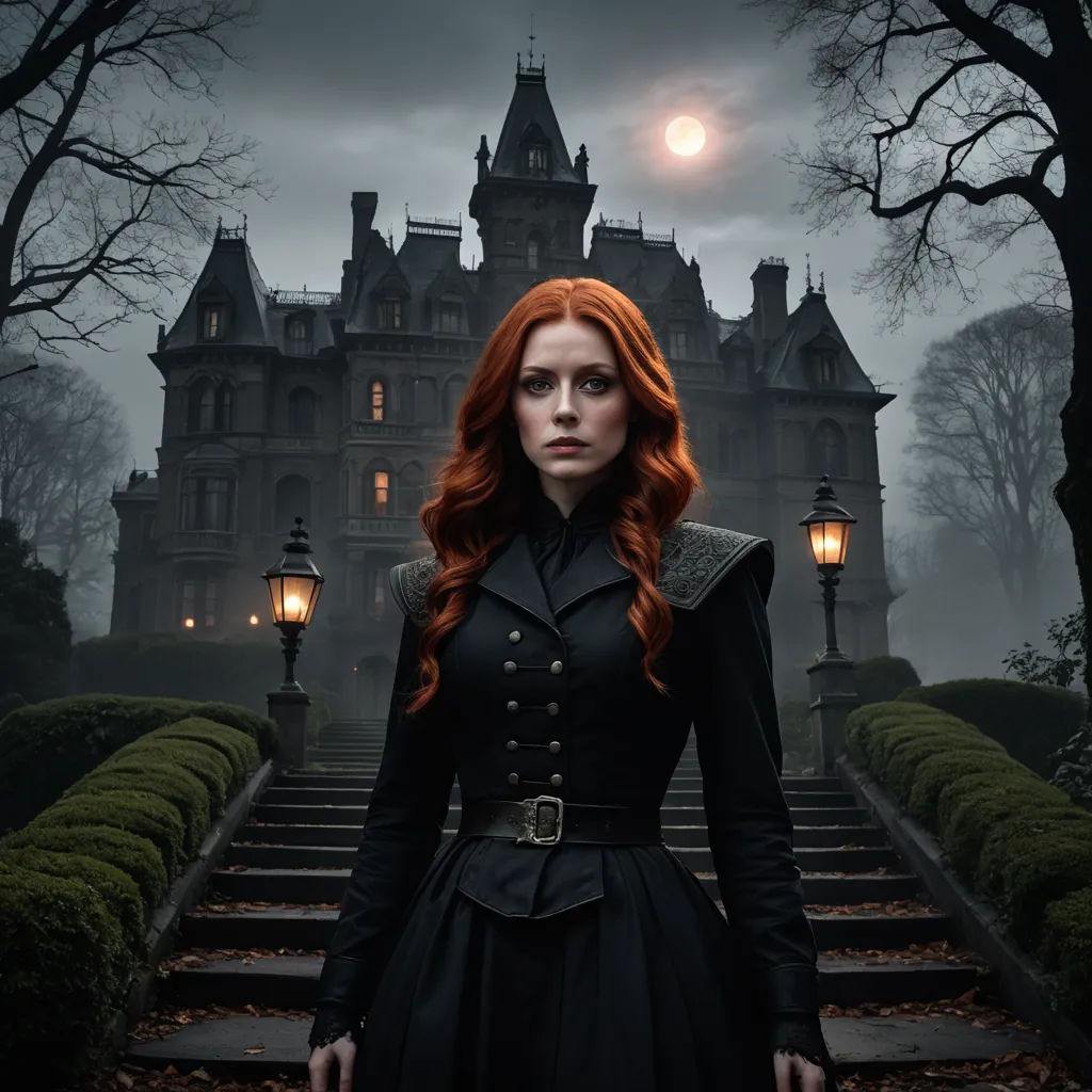 a woman in a black dress standing in front of a castle with a full moon in the background and a dark sky, gothic art, a character portrait, Dirk Crabeth, promotional image
