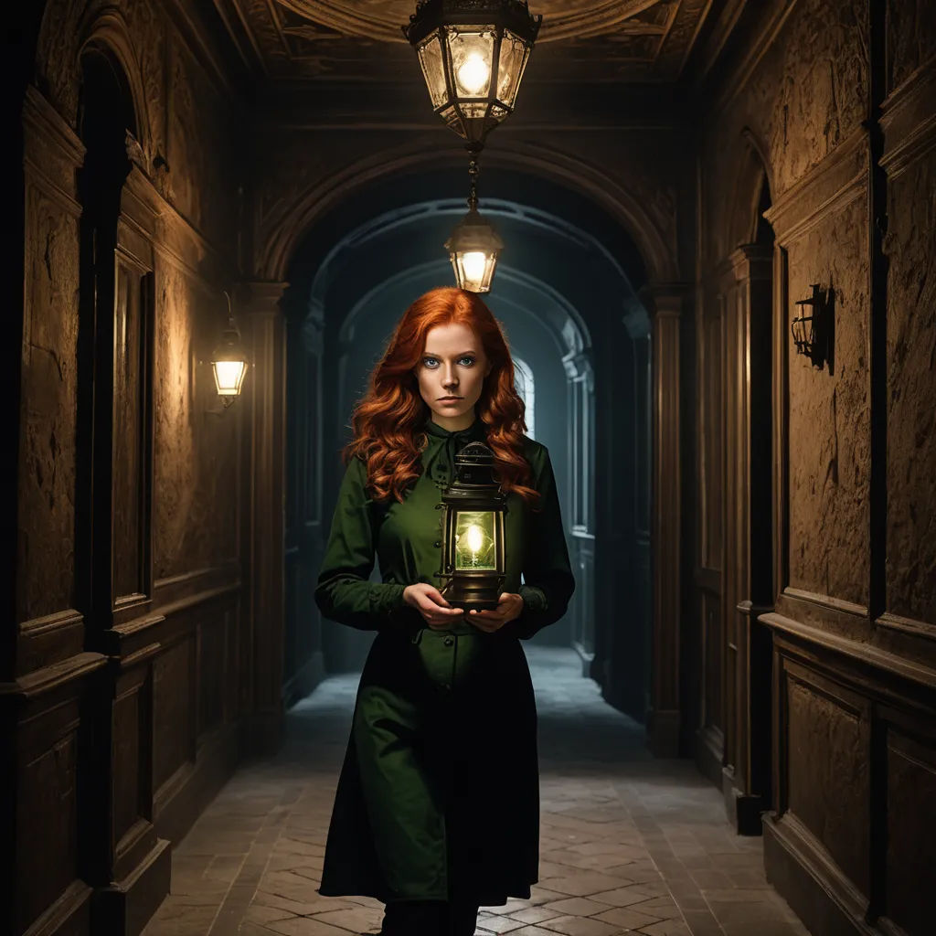 a woman holding a lantern in a dark hallway with a light on it's head and a light on her chest, gothic art, a character portrait, Dirk Crabeth, promotional image