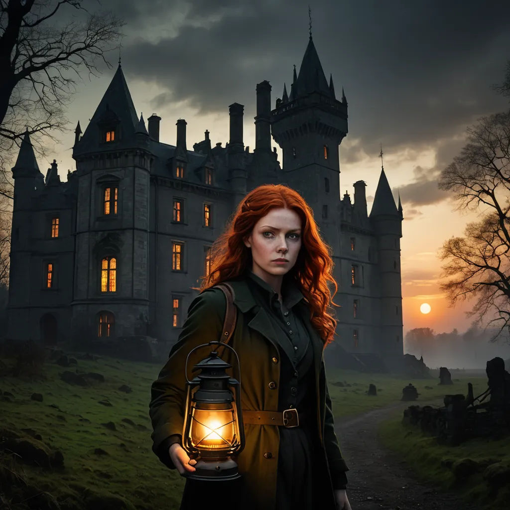 a woman holding a lantern in front of a castle at night with the sun setting behind her and a creepy looking building in the background, gothic art, a detailed matte painting, Dirk Crabeth, promotional image