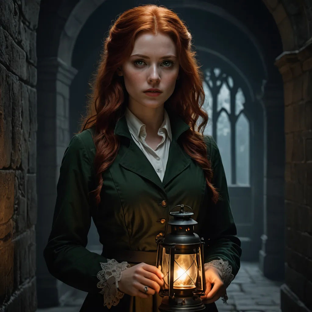 a woman holding a lantern in a dark alley way with a gothic - inspired archway in the background,, pre-raphaelitism, a character portrait, Constance Gordon-Cumming, victorian