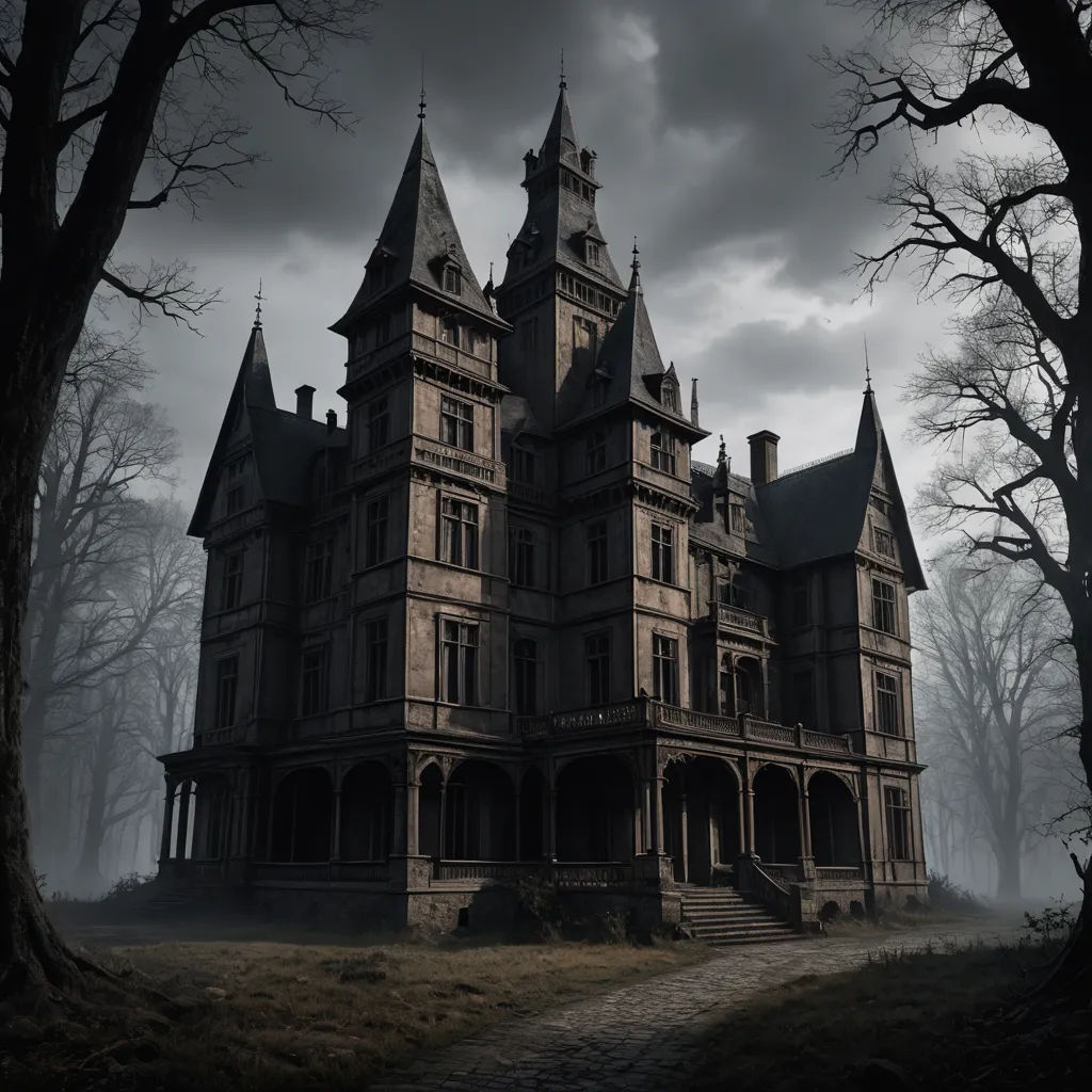 a creepy looking house with a creepy sky in the background and trees in the foreground, with a path leading to the front, gothic art, a detailed matte painting, Dirk Crabeth, gothic
