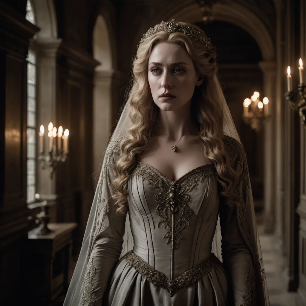 a woman in a wedding dress with a veil on her head and a tiara on her head, standing in a hall, gothic art, a flemish Baroque, Constance-Anne Parker, promotional image