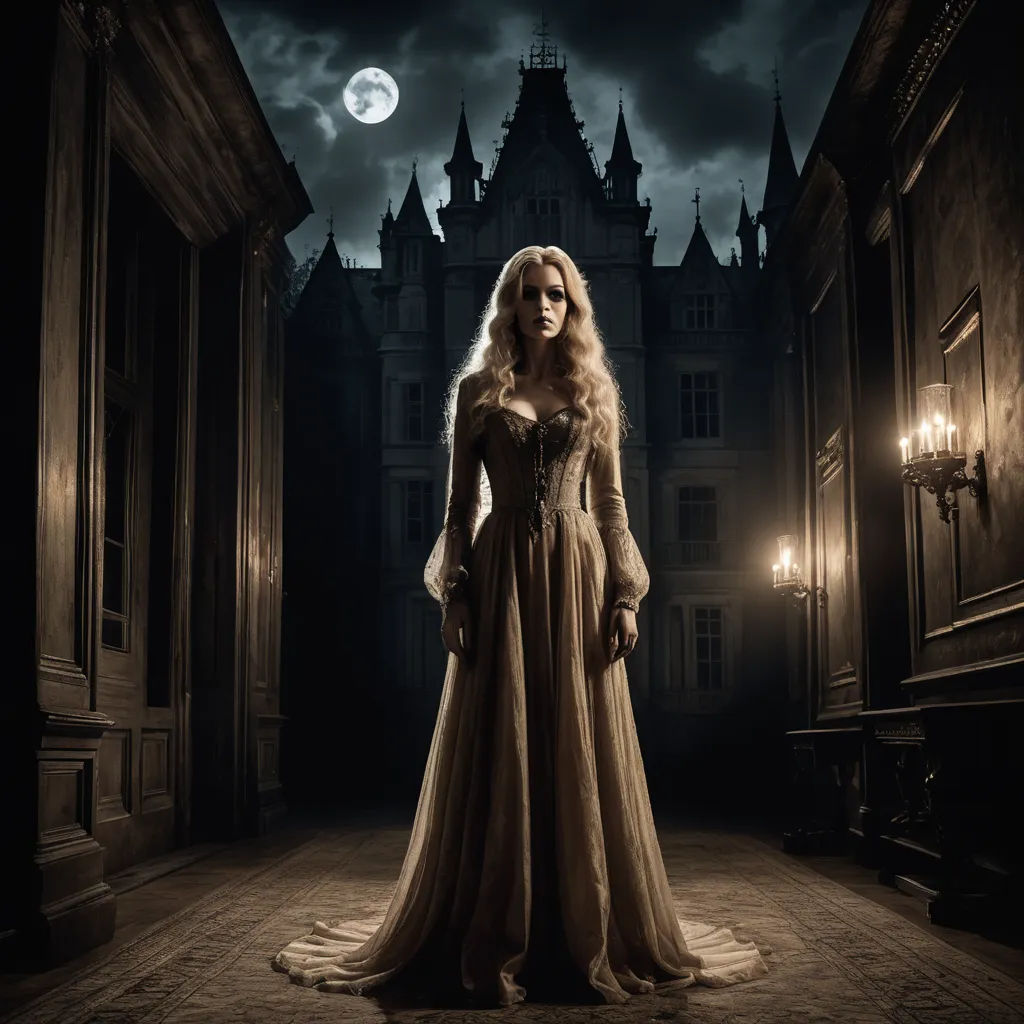 a woman in a long dress standing in a dark alley way with a full moon in the background and a castle in the background, gothic art, a detailed matte painting, Dirk Crabeth, dark shadows