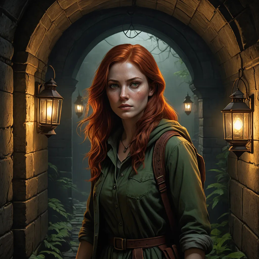 a woman with red hair and a green shirt is standing in a tunnel with lanterns on either side of her, fantasy art, a character portrait, Clint Cearley, magic the gathering artwork