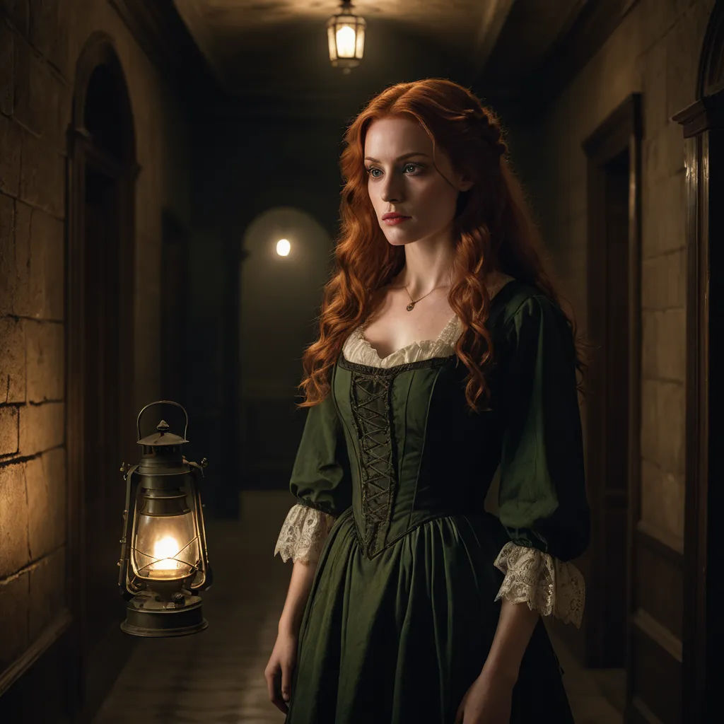 a woman in a green dress standing in a hallway with a lantern on the wall and a light on the floor, pre-raphaelitism, a character portrait, Constance Gordon-Cumming, promotional image