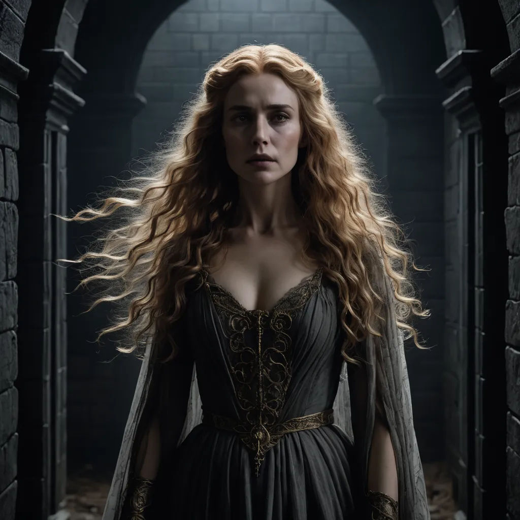 a woman in a dress and cape standing in a tunnel with a light shining on her face and hair, pre-raphaelitism, a character portrait, Anna Maria Barbara Abesch, promotional image