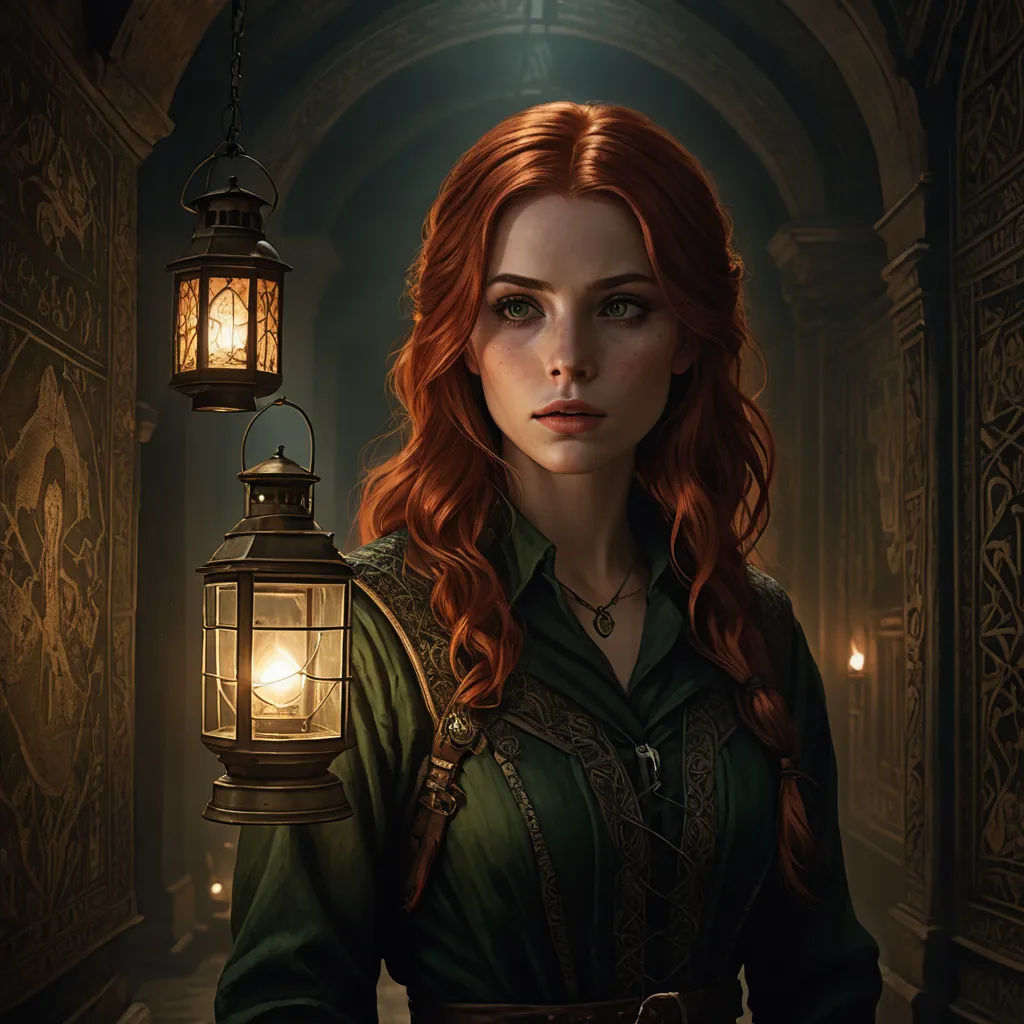 a woman with red hair and a lantern in her hand is standing in a dark room with a light on, fantasy art, a character portrait, Clint Cearley, magic the gathering artwork