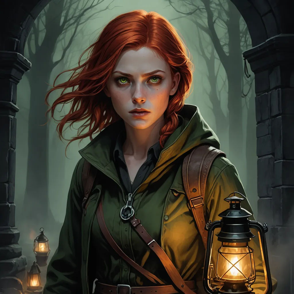 a woman with red hair holding a lantern in a forest with trees and lanterns on either side of her, fantasy art, a character portrait, Charlie Bowater, epic fantasy character art