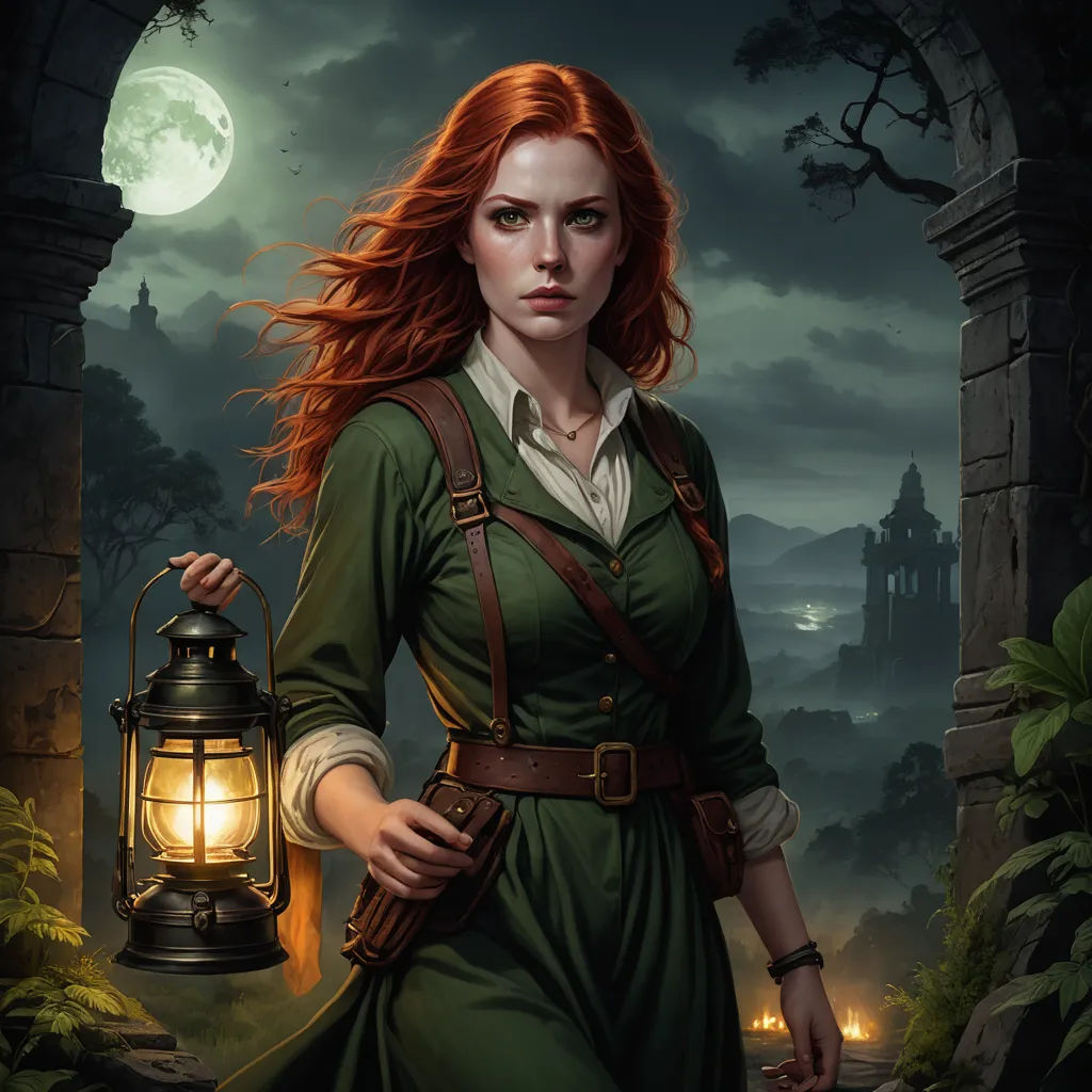 a woman holding a lantern in a forest at night with a full moon in the background and a castle in the background, fantasy art, a character portrait, Clint Cearley, epic fantasy character art