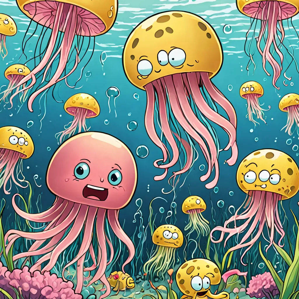 a group of jellyfish swimming in the ocean with a surprised face on their face and a yellow octopus, pop surrealism, a storybook illustration, Diego Gisbert Llorens, jellyfish