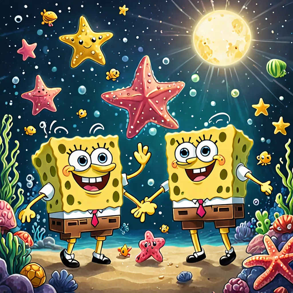 two spongebob characters are standing in the sand under the stars and the moon, with one holding the hand of another, sots art, a cartoon, Corneille, promotional image