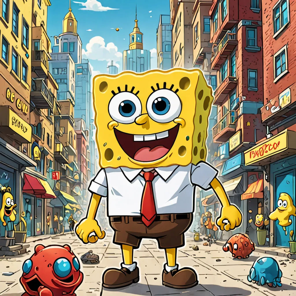 a cartoon character is standing in the middle of a city street with a red crab nearby and a yellow spongebob, sots art, a screenshot, Chris LaBrooy, key art