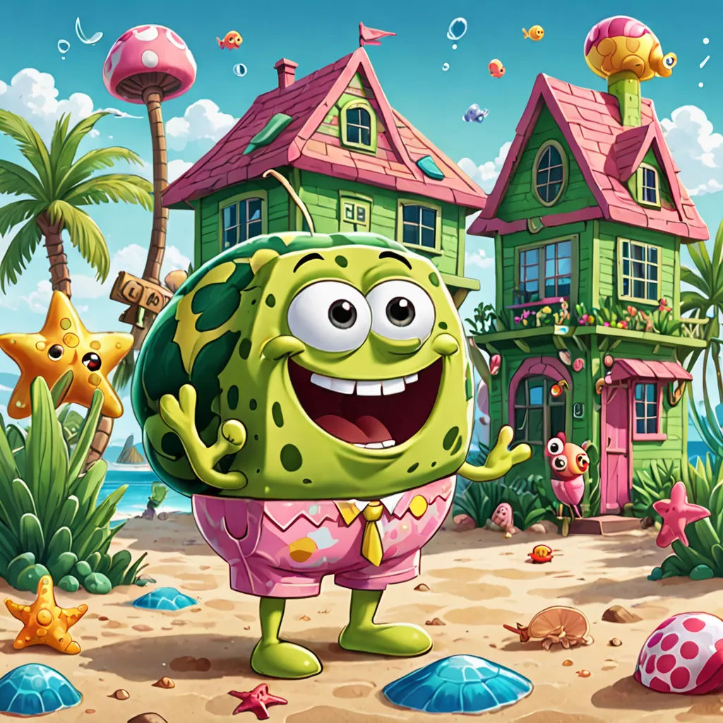 a cartoon character is standing in front of a house with a giant smile on his face and arms, with a beach ball in the foreground, pop surrealism, concept art, Chris LaBrooy, official art