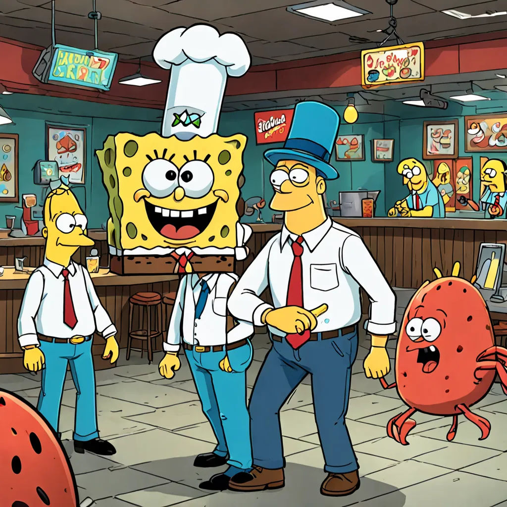 a cartoon character is standing in a restaurant with other characters in the background and a cartoon character is standing in the foreground, lowbrow, concept art, Chris LaBrooy, promotional image