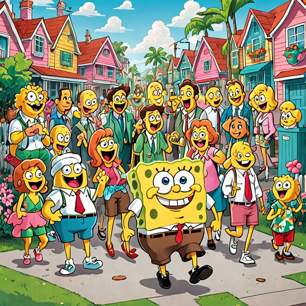 a group of people standing in front of a cartoon character with a spongebob on the street in front of them, sots art, a digital rendering, Bob Singer, promotional image