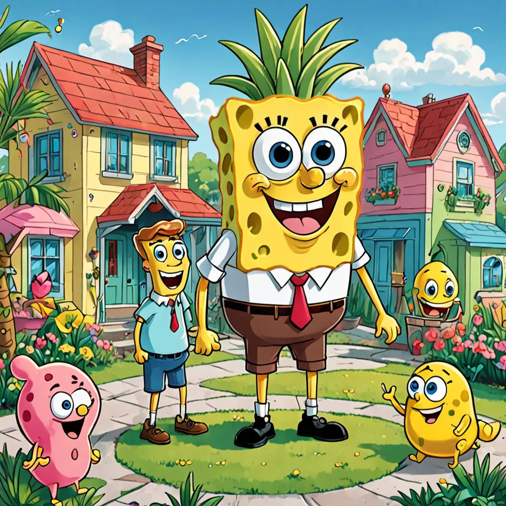 a cartoon of a spongebob with a group of other cartoon characters around him and a house in the background, sots art, concept art, Chris LaBrooy, promotional image