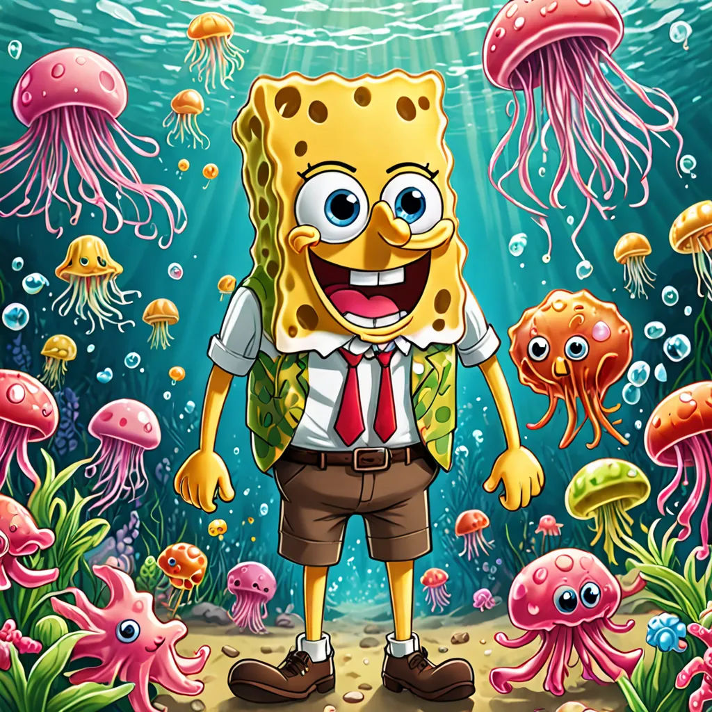 a cartoon spongebob is standing in the ocean with jellyfishs and other sea creatures around him, pop surrealism, vector art, Chris LaBrooy, underwater