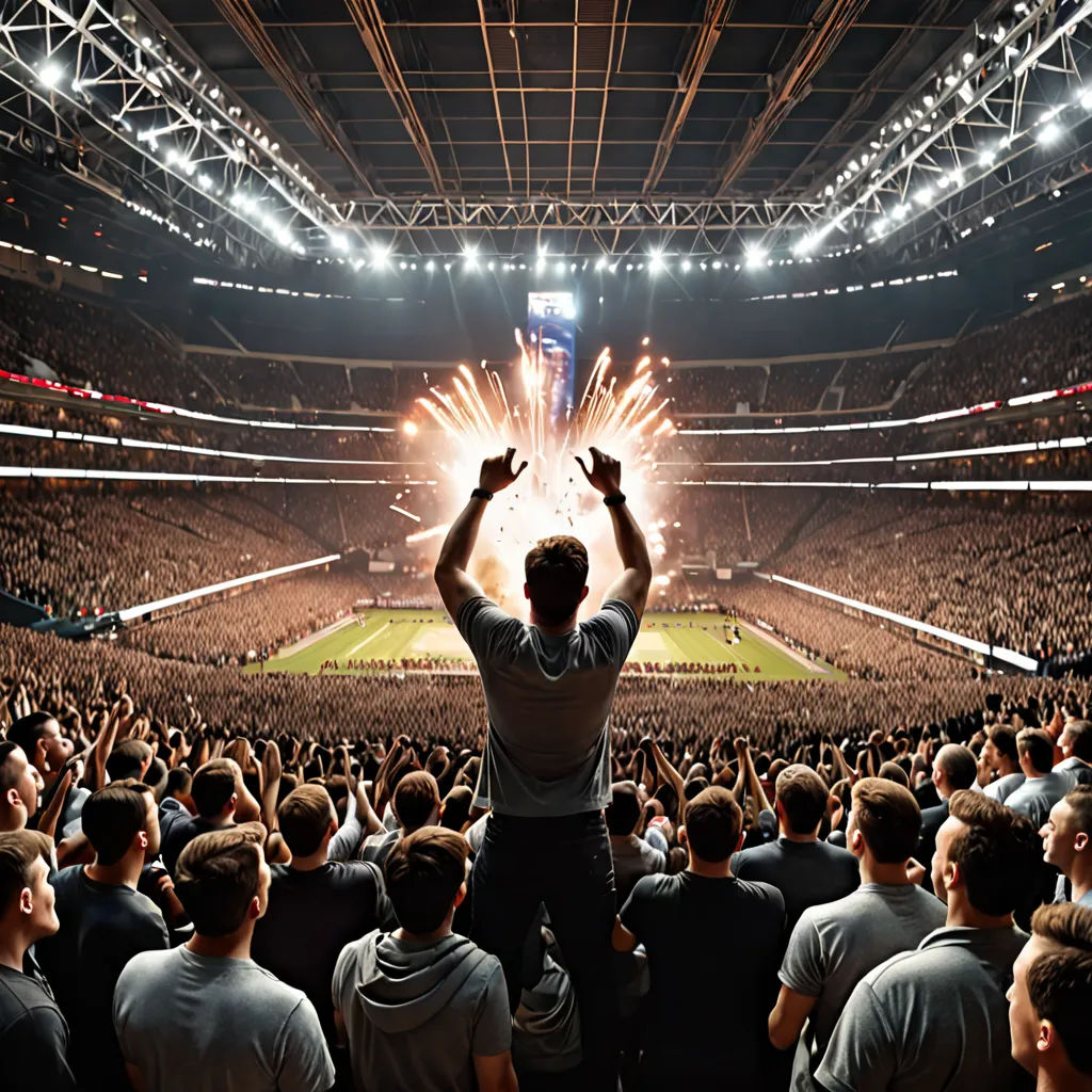 a man standing in front of a crowd of people at a stadium holding a cell phone up to his head, renaissance, a digital rendering, Bernd Fasching, promotional image