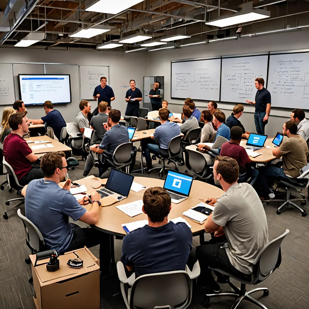 a group of people sitting at tables with laptops in front of them and a man standing in front of them, academic art, a digital rendering, Enguerrand Quarton, ue 5