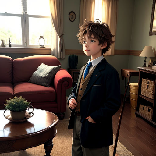 a boy in a suit standing in a living room with a red couch and a coffee table with a potted plant