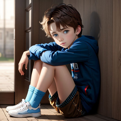 a young boy sitting on the floor wearing blue socks and a blue hoodie and white sneakers, with his hands on his knees