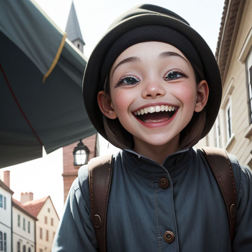 a boy with a hat and a backpack smiles for the camera while standing in front of a building with a clock tower