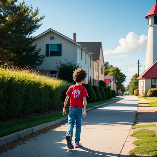 a young boy walking down a sidewalk next to a lighthouse tower in the background of a neighborhood with houses