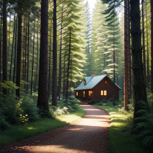 a small cabin in the middle of a forest with a path leading to it and a light shining on the house