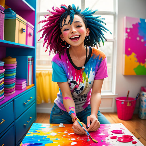 a girl with dreadlocks painting a picture in a room with a window and a shelf full of colorful paint