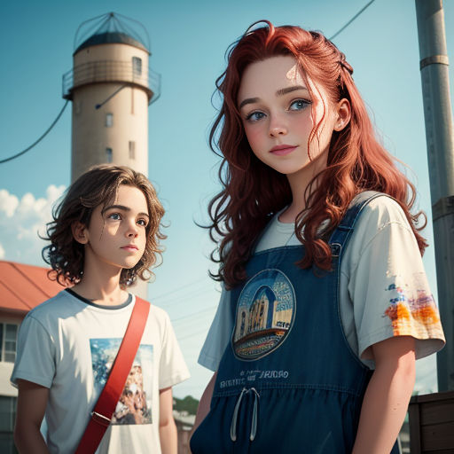 a woman and a boy standing next to each other in front of a lighthouse with a sky background and a lighthouse tower