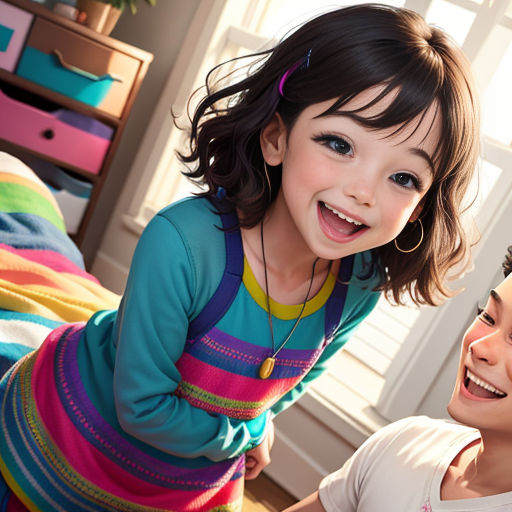 a young girl is smiling and standing next to a younger girl on a bed with a colorful blanket on it