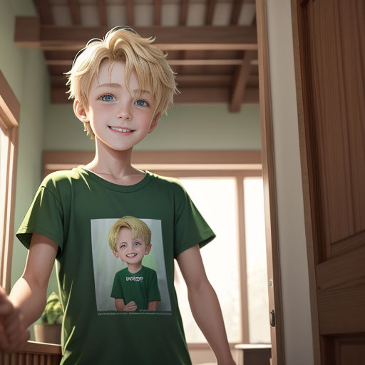 a young boy in a green shirt holding a hand in a doorway with a picture of a boy on it
