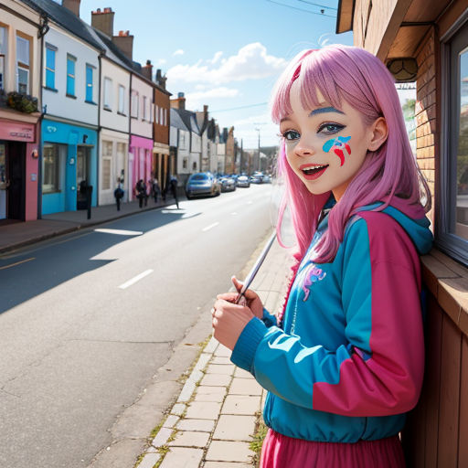 a girl with pink hair and face paint holding an umbrella on a city street corner with buildings in the background