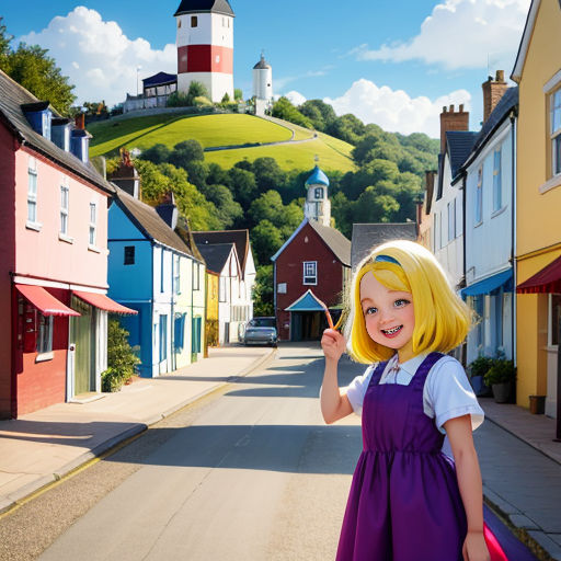 a little girl in a purple dress is standing on a street with houses and a hill in the background